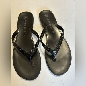 TORY BURCH Sz9 STUDDED JELLY THONG SANDALS LOGO BLACK FLIP FLOP Women’s Flats